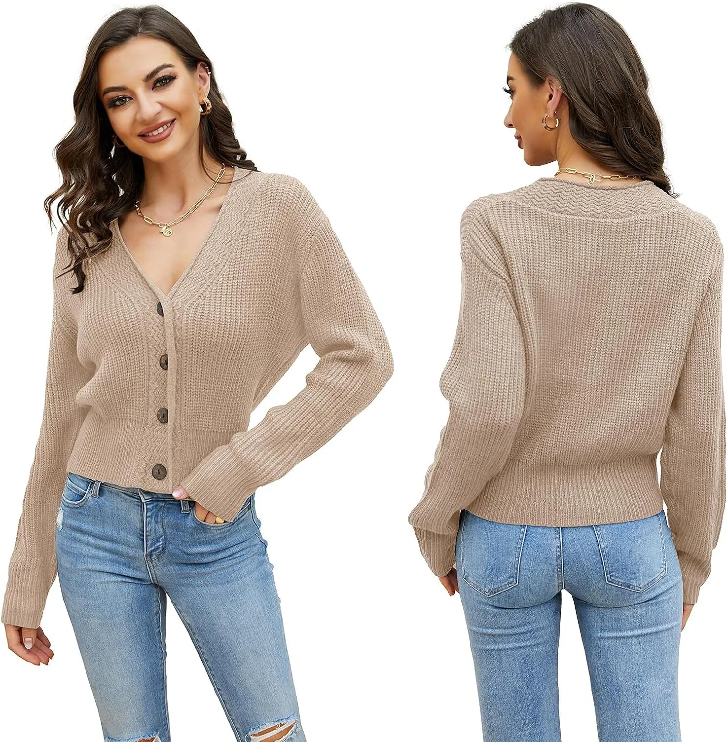 Febriajuce Women's Long Sleeve V-Neck Button Down Rib Knit Cropped Cardigan Sweater