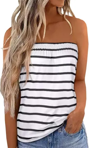 FECAFO Women Striped Strapless Bandeau Tank Tops Summer Casual Holiday Tube Top Backless Sexy Sleeveless Shirt Blouse Tanks