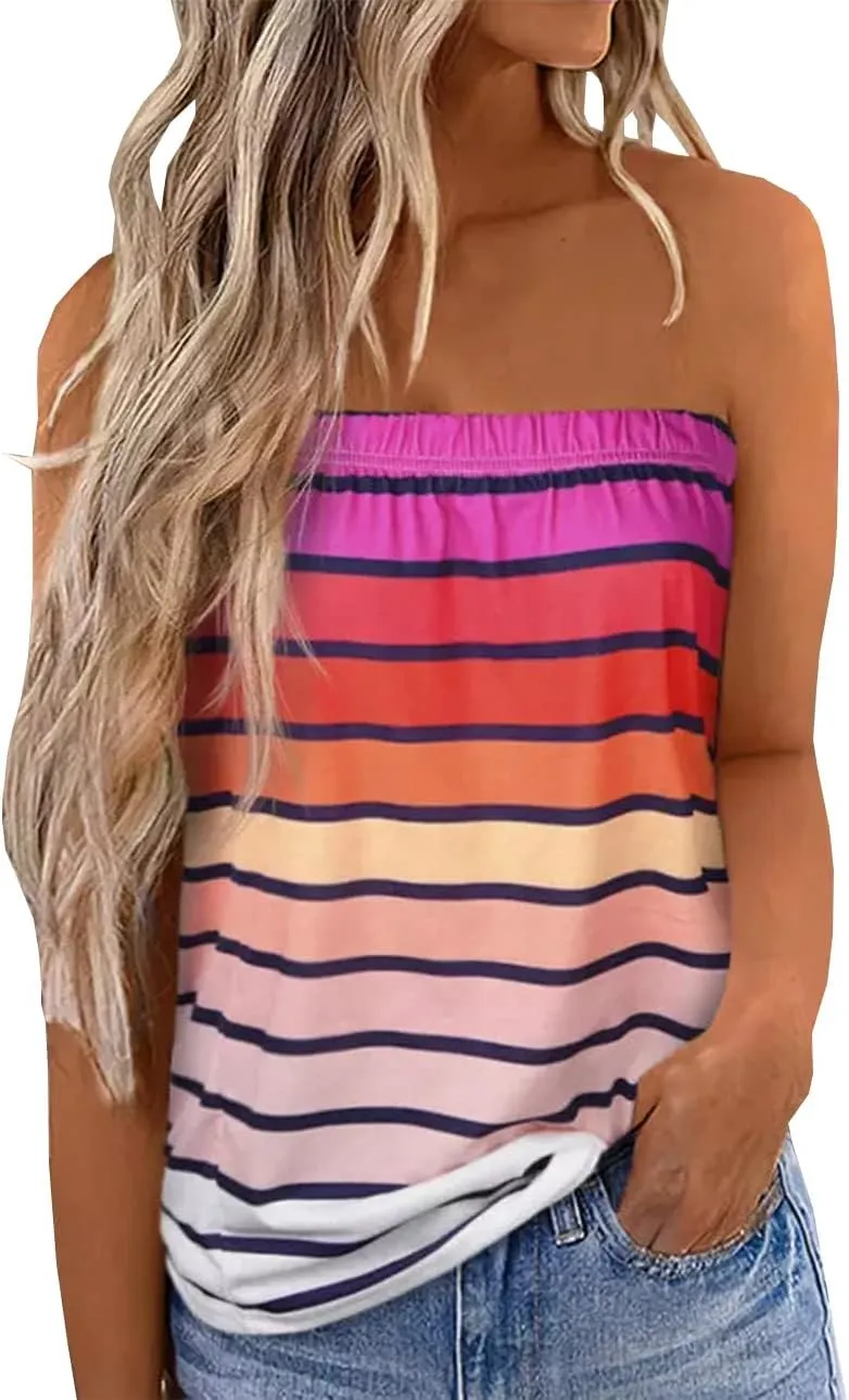 FECAFO Women Striped Strapless Bandeau Tank Tops Summer Casual Holiday Tube Top Backless Sexy Sleeveless Shirt Blouse Tanks