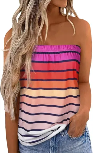 FECAFO Women Striped Strapless Bandeau Tank Tops Summer Casual Holiday Tube Top Backless Sexy Sleeveless Shirt Blouse Tanks
