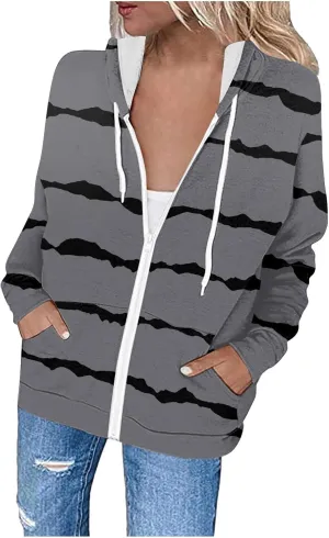 Flannel Jacket Women Oversized Striped Zipper Tops Long Sleeve Full Zip Cardigan Hooded Winter Coat with Pockets