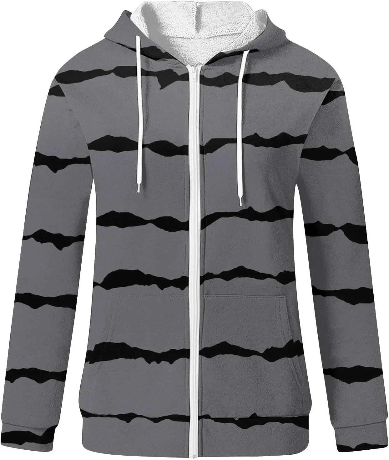 Flannel Jacket Women Oversized Striped Zipper Tops Long Sleeve Full Zip Cardigan Hooded Winter Coat with Pockets