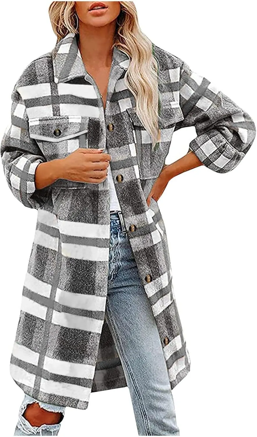 Flannel Shirts for Women Quilted Lined Shacket Jacket Fall Winter Tartan Trench Coat Tartan Long Jacket Coats