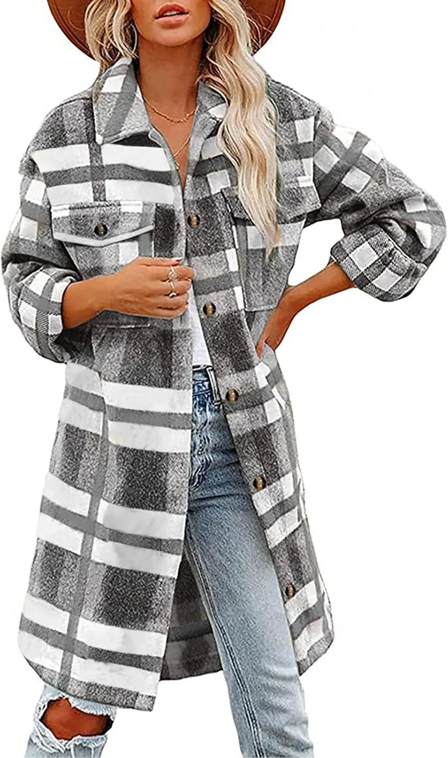 Flannel Shirts for Women Quilted Lined Shacket Jacket Fall Winter Tartan Trench Coat Tartan Long Jacket Coats