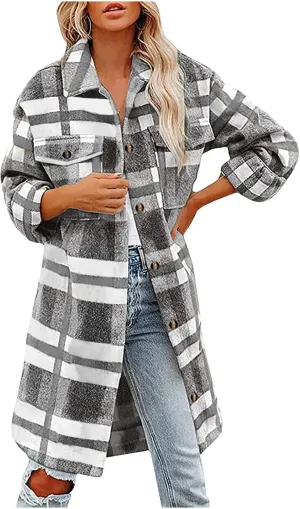 Flannel Shirts for Women Quilted Lined Shacket Jacket Fall Winter Tartan Trench Coat Tartan Long Jacket Coats