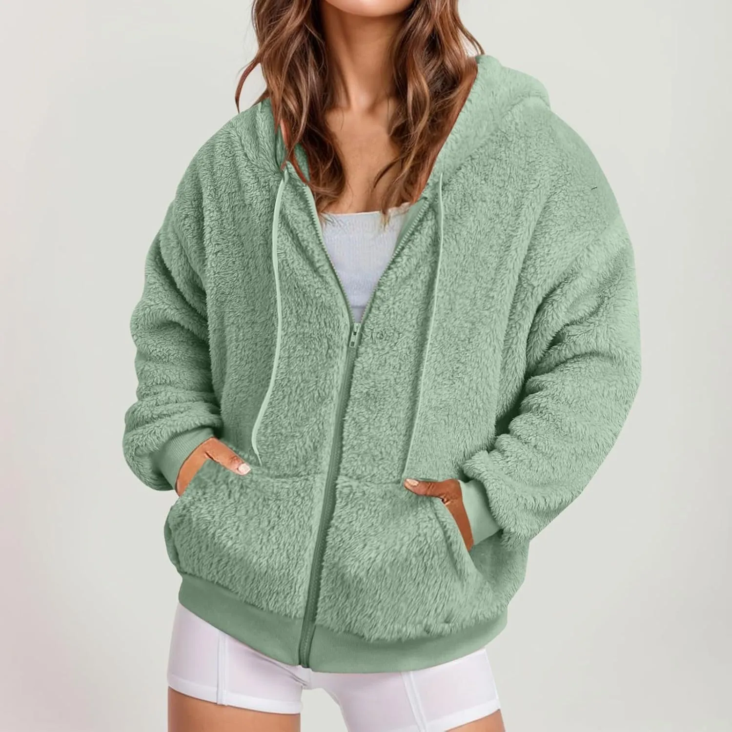 Fleece Jacket Women Long Sleeve Thin Fashion Ladies Pullover Sweater Oversized Fluffy Outerwear Sherpa Jacket