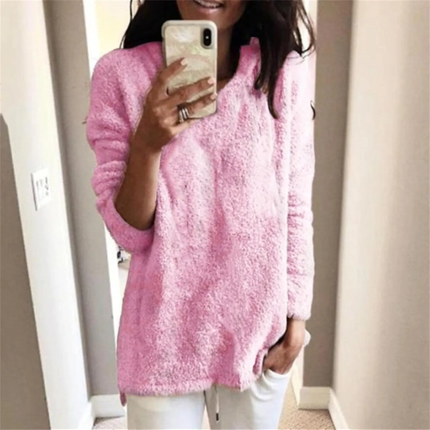 Fleece Jacket Women Long Sleeve Thin Fashion Ladies Pullover Sweater Oversized Fluffy Outerwear Sherpa Jacket