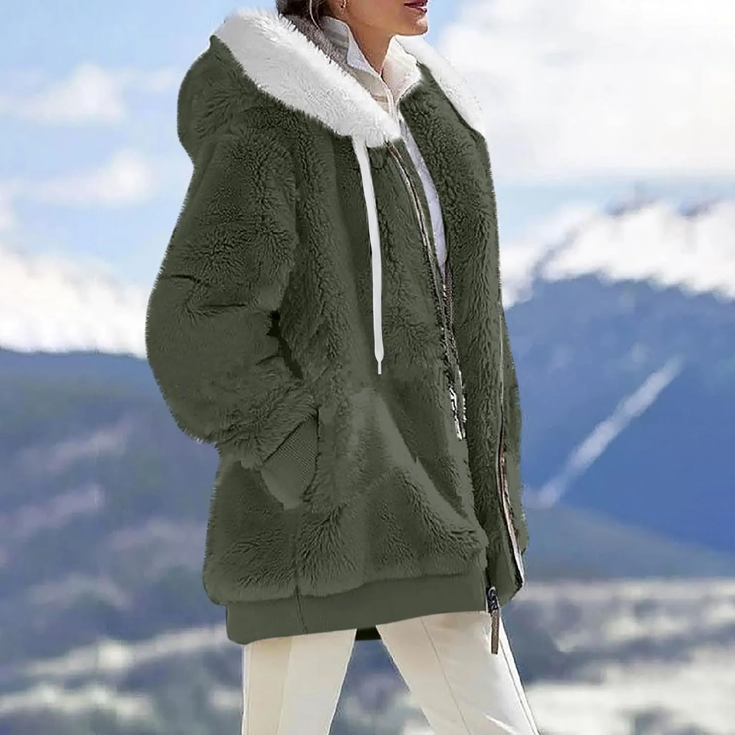 Fleece Jacket Women Sherpa Jacket Zip Up Hooded Oversized Coats Warm Winter Coats for Women 2024 with Pockets