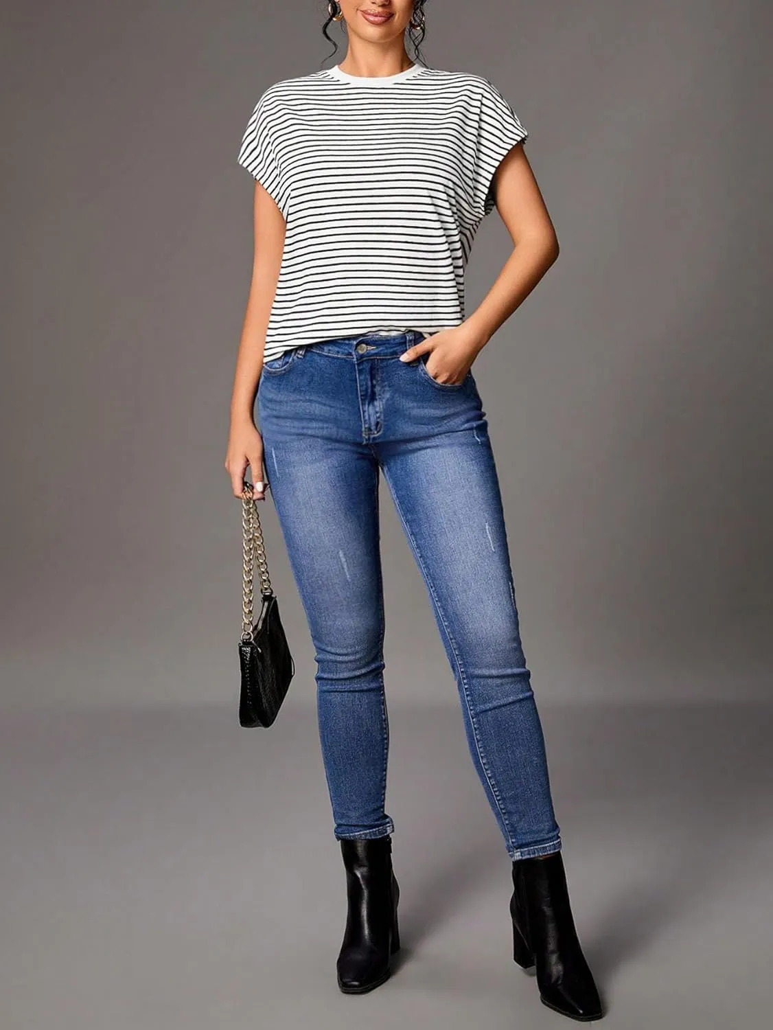 Floerns Women's Casual Stripe Print Cap Sleeve T Shirts Round Neck Tee