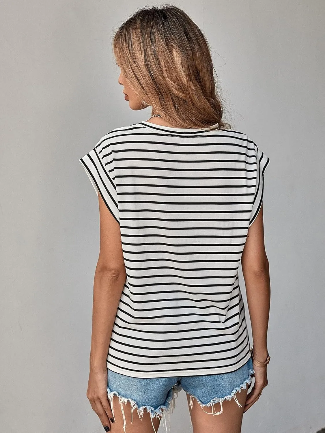 Floerns Women's Casual Stripe Print Cap Sleeve T Shirts Round Neck Tee