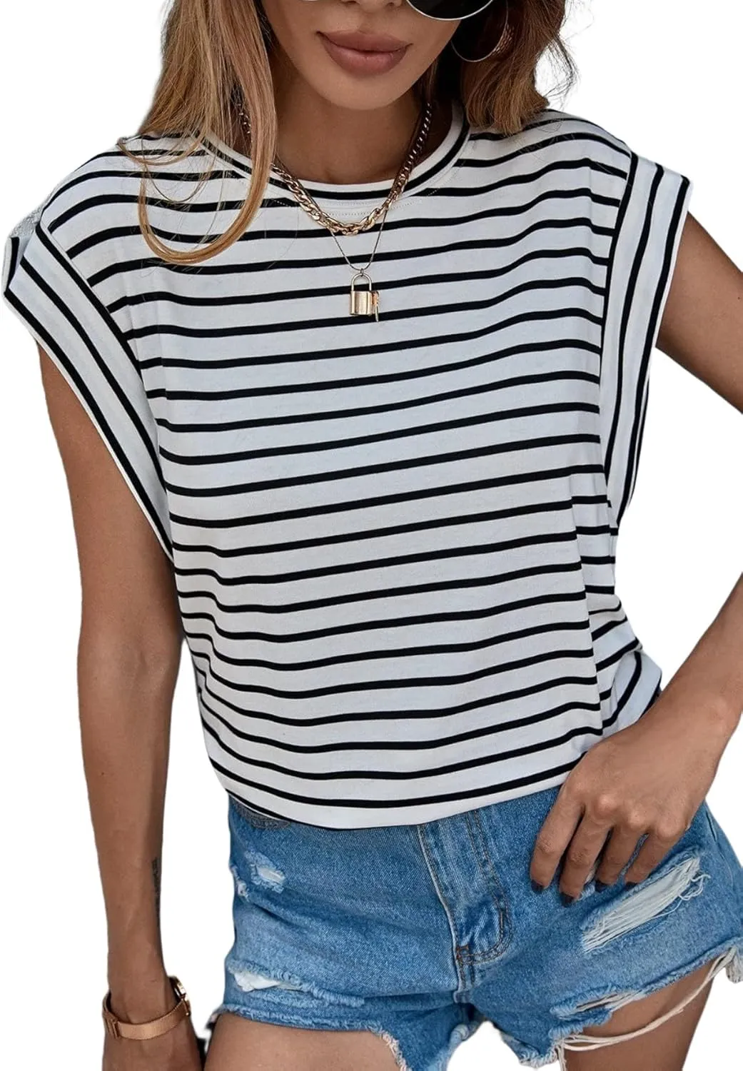 Floerns Women's Casual Stripe Print Cap Sleeve T Shirts Round Neck Tee