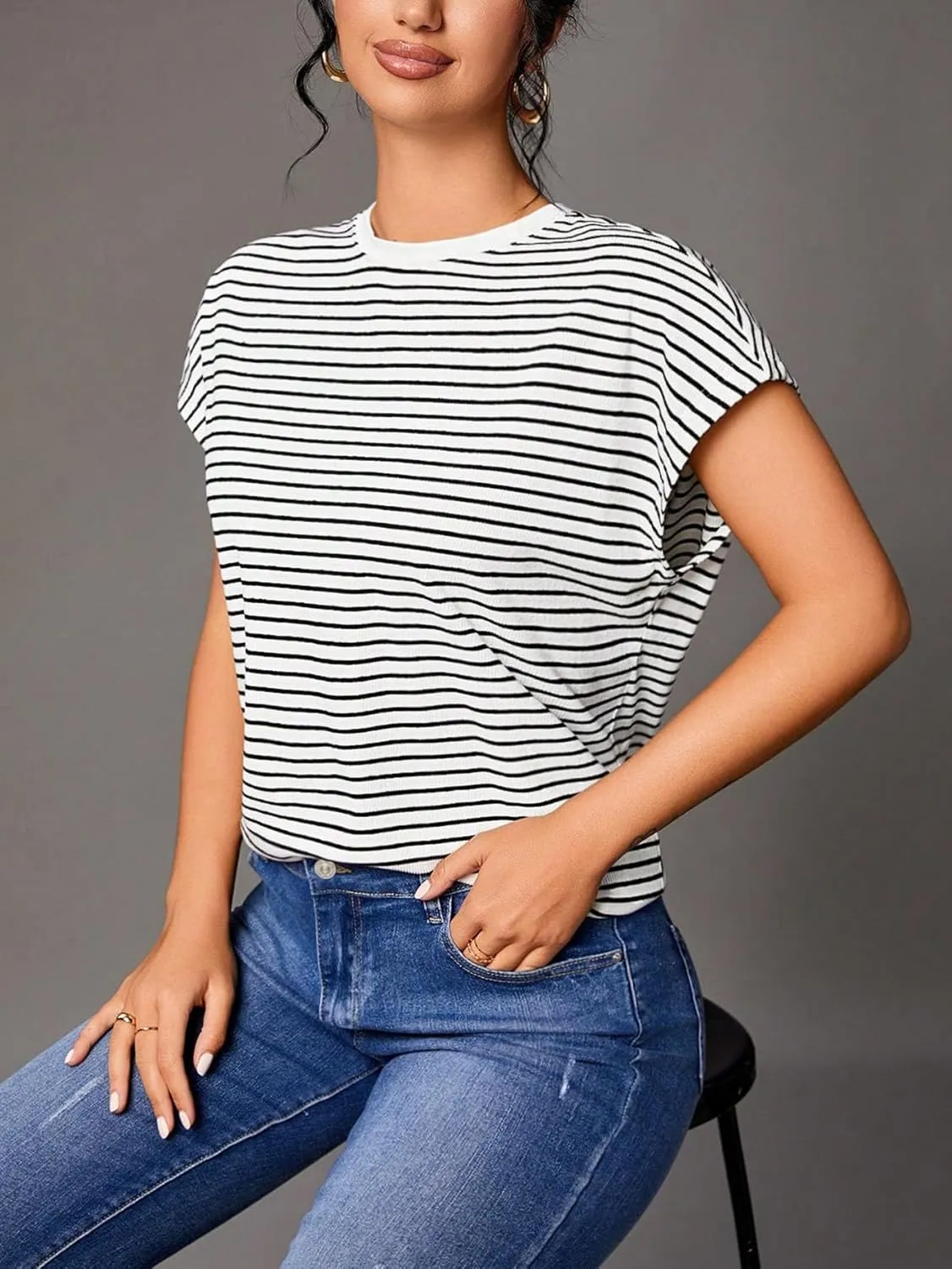 Floerns Women's Casual Stripe Print Cap Sleeve T Shirts Round Neck Tee