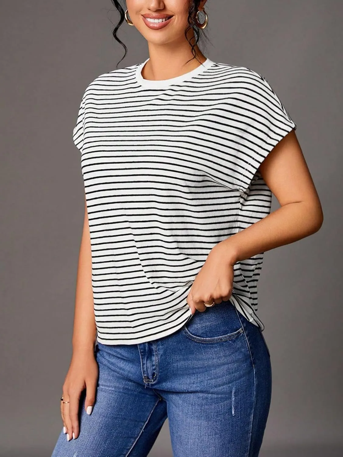 Floerns Women's Casual Stripe Print Cap Sleeve T Shirts Round Neck Tee