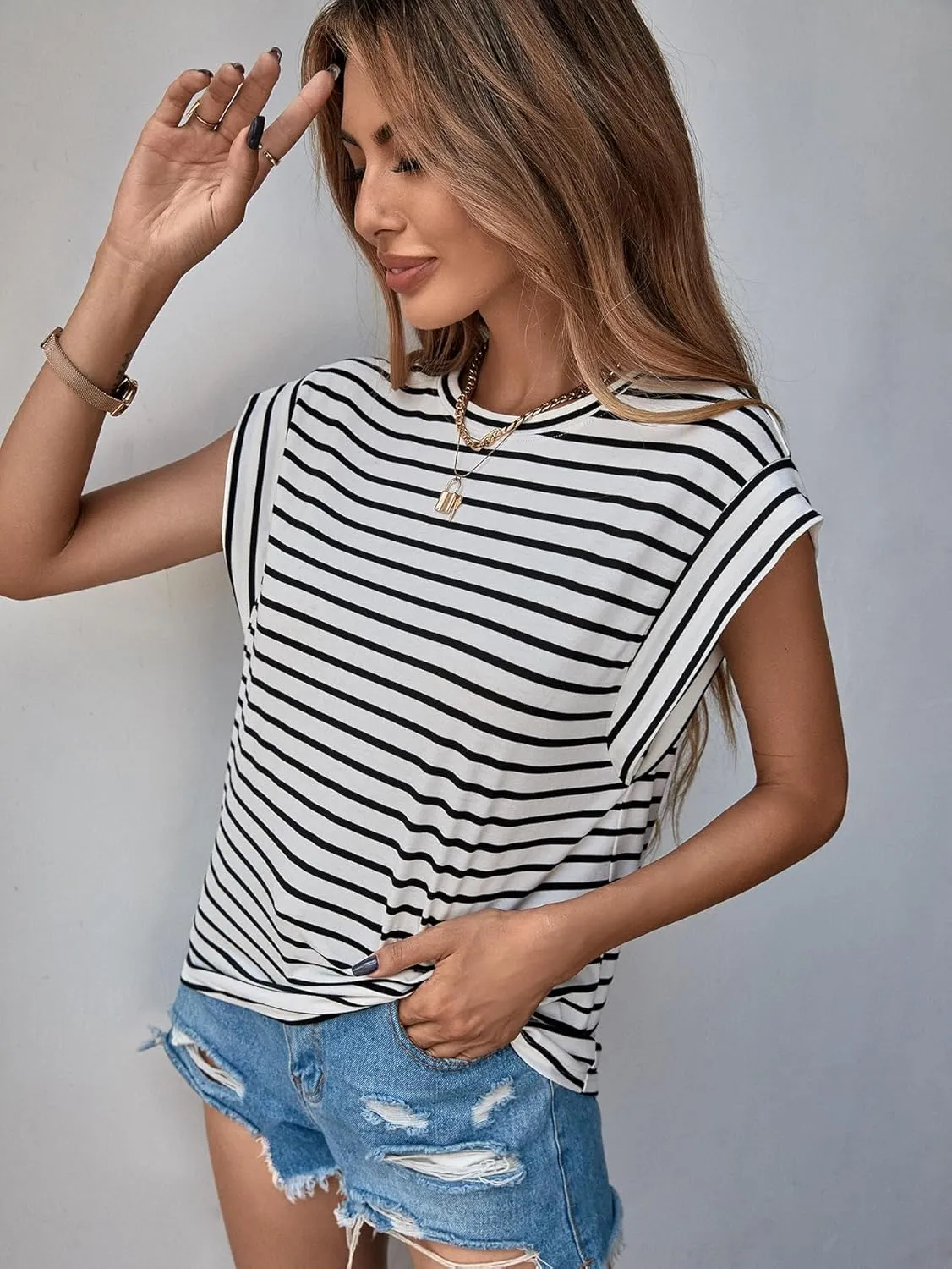 Floerns Women's Casual Stripe Print Cap Sleeve T Shirts Round Neck Tee