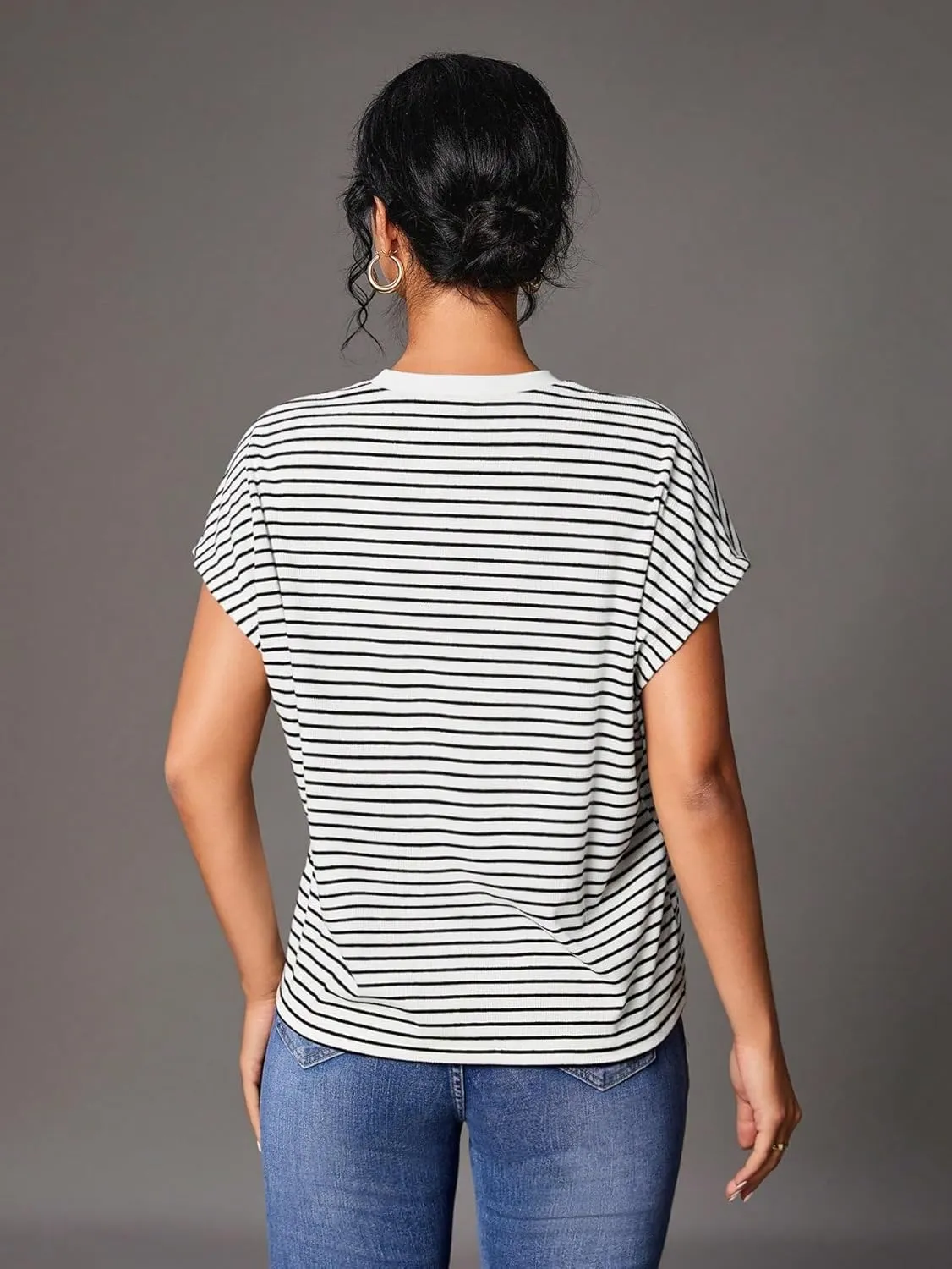 Floerns Women's Casual Stripe Print Cap Sleeve T Shirts Round Neck Tee