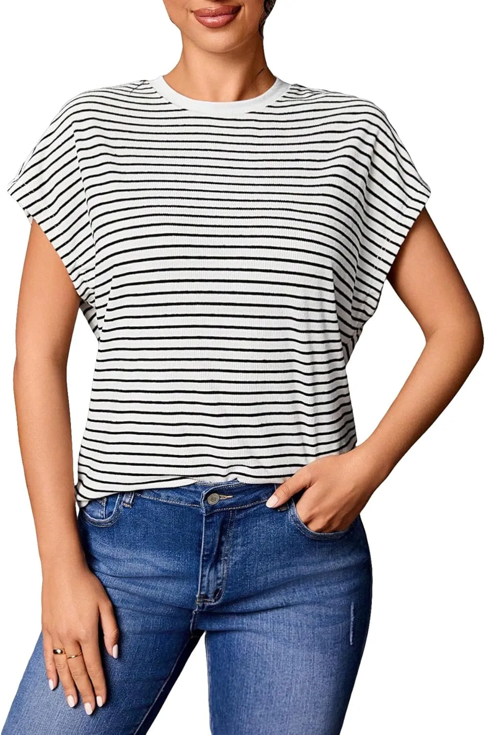Floerns Women's Casual Stripe Print Cap Sleeve T Shirts Round Neck Tee