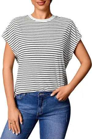 Floerns Women's Casual Stripe Print Cap Sleeve T Shirts Round Neck Tee