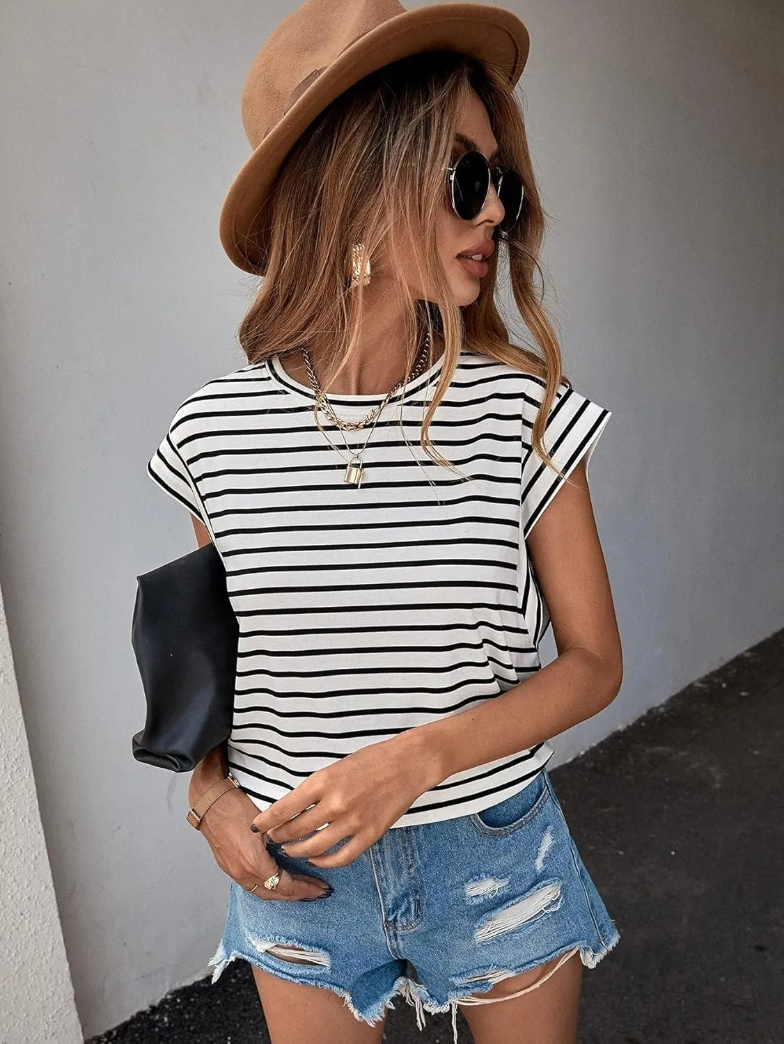 Floerns Women's Casual Stripe Print Cap Sleeve T Shirts Round Neck Tee