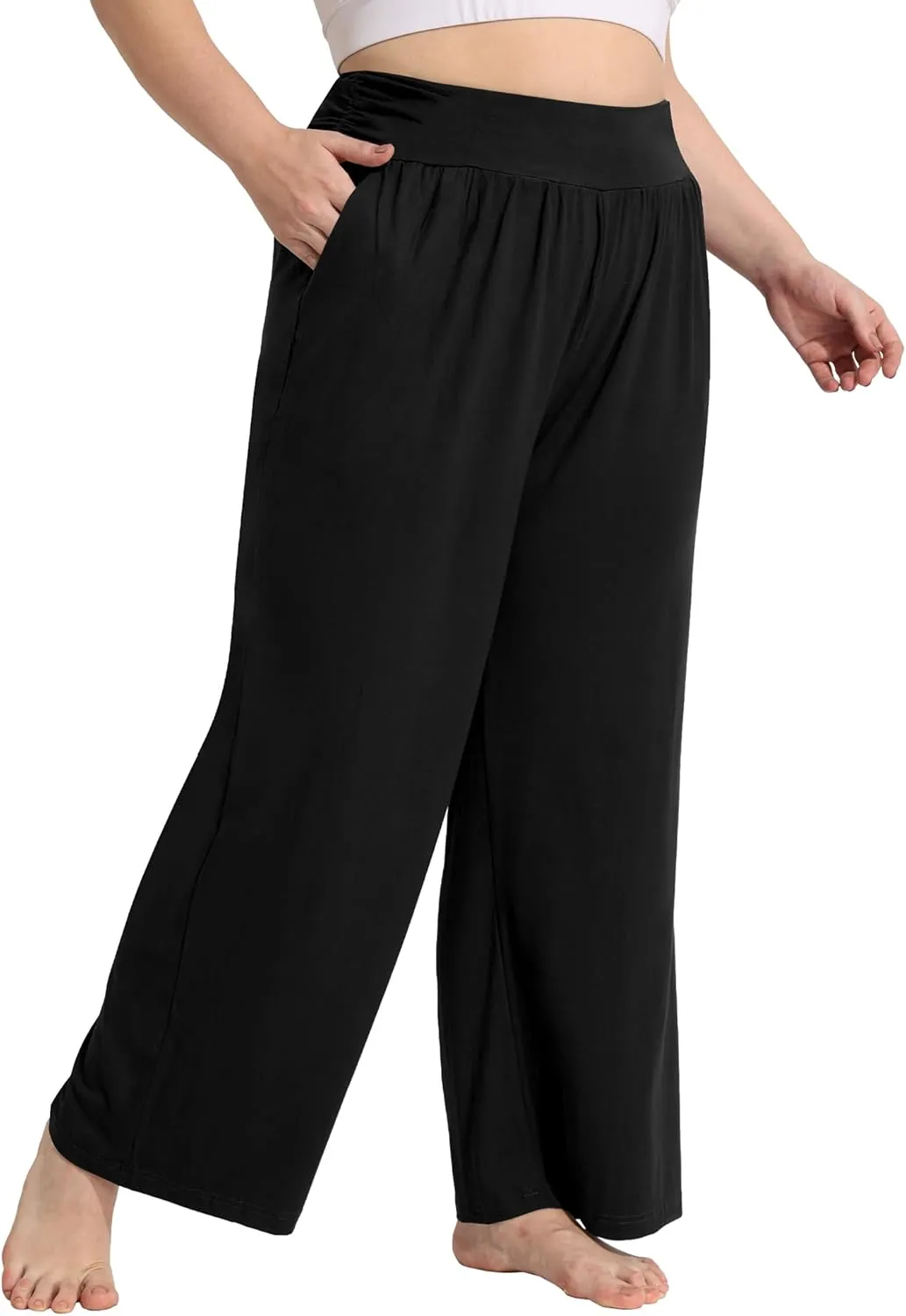 FOREYOND Plus Size Wide Leg Pants for Women Comfy Casual Lounge Yoga Pants High Waist Pajama Pants with Pockets XL-5XL