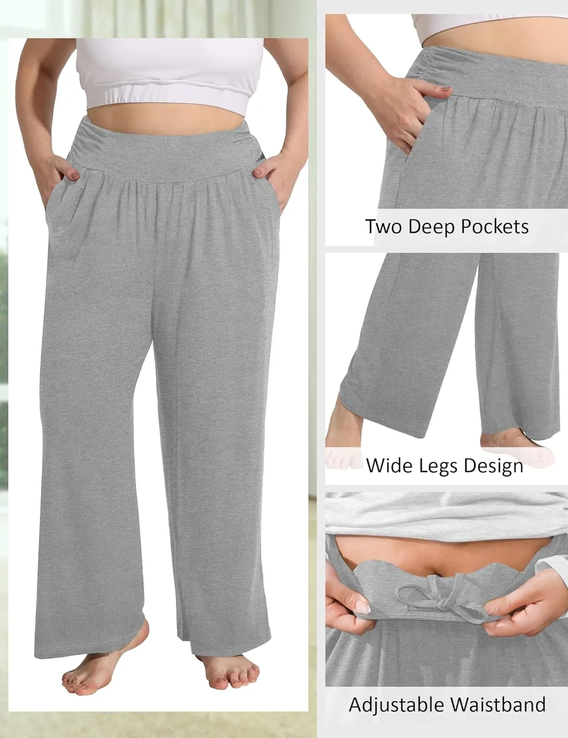 FOREYOND Plus Size Wide Leg Pants for Women Comfy Casual Lounge Yoga Pants High Waist Pajama Pants with Pockets XL-5XL