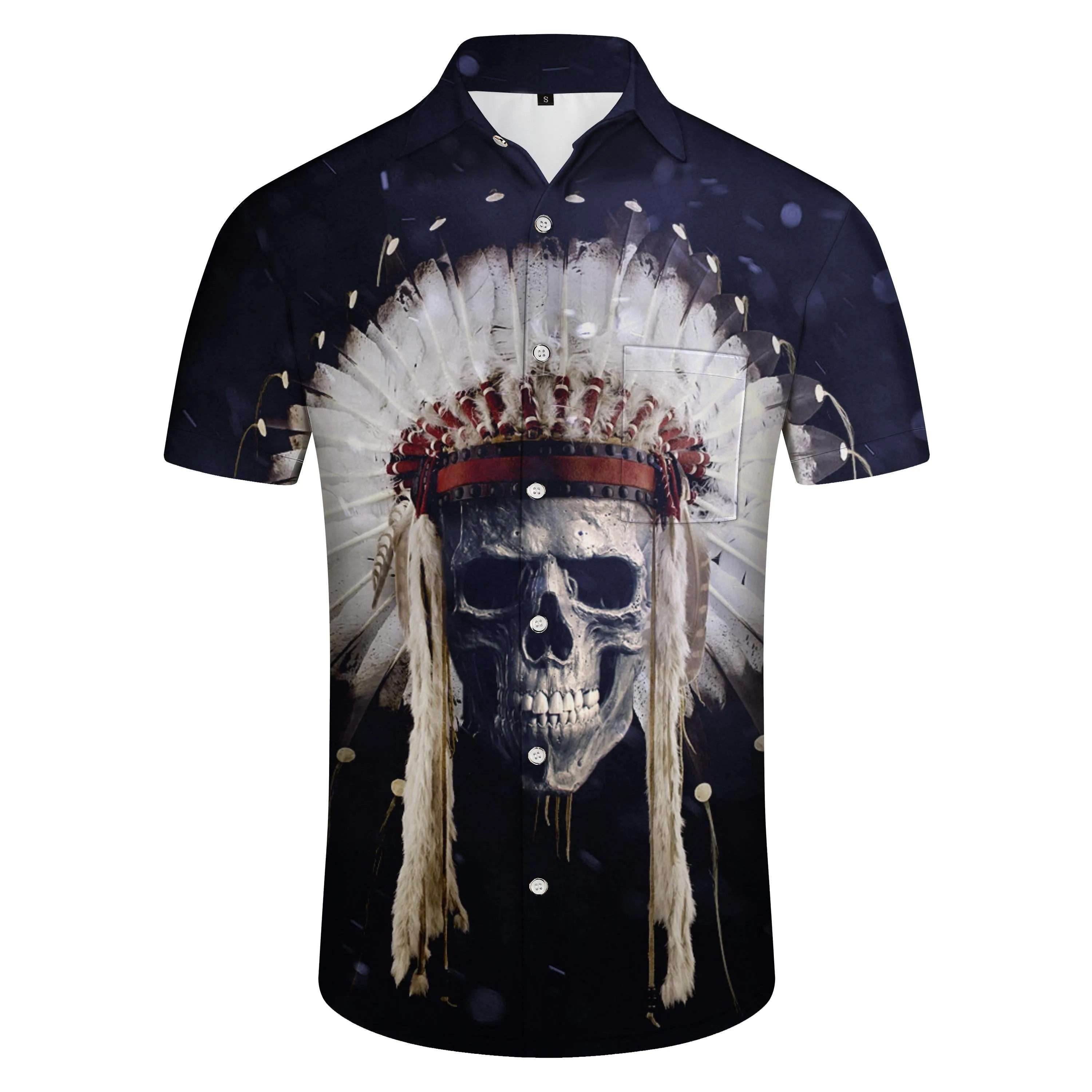 Fun New Casual Hawaiian Button Men's Shirt Short Sleeve Clothing Print Skull Black