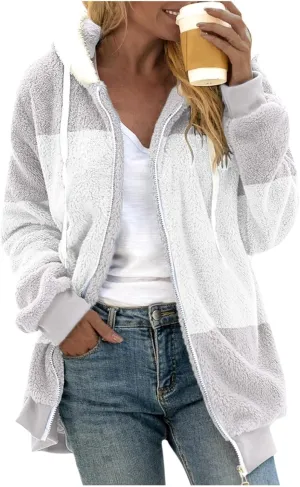 Fuzzy Fleece Jacket Women Plus Size Fashion Loose Plush Multi-Color Splicing Hooded Casual Jacket