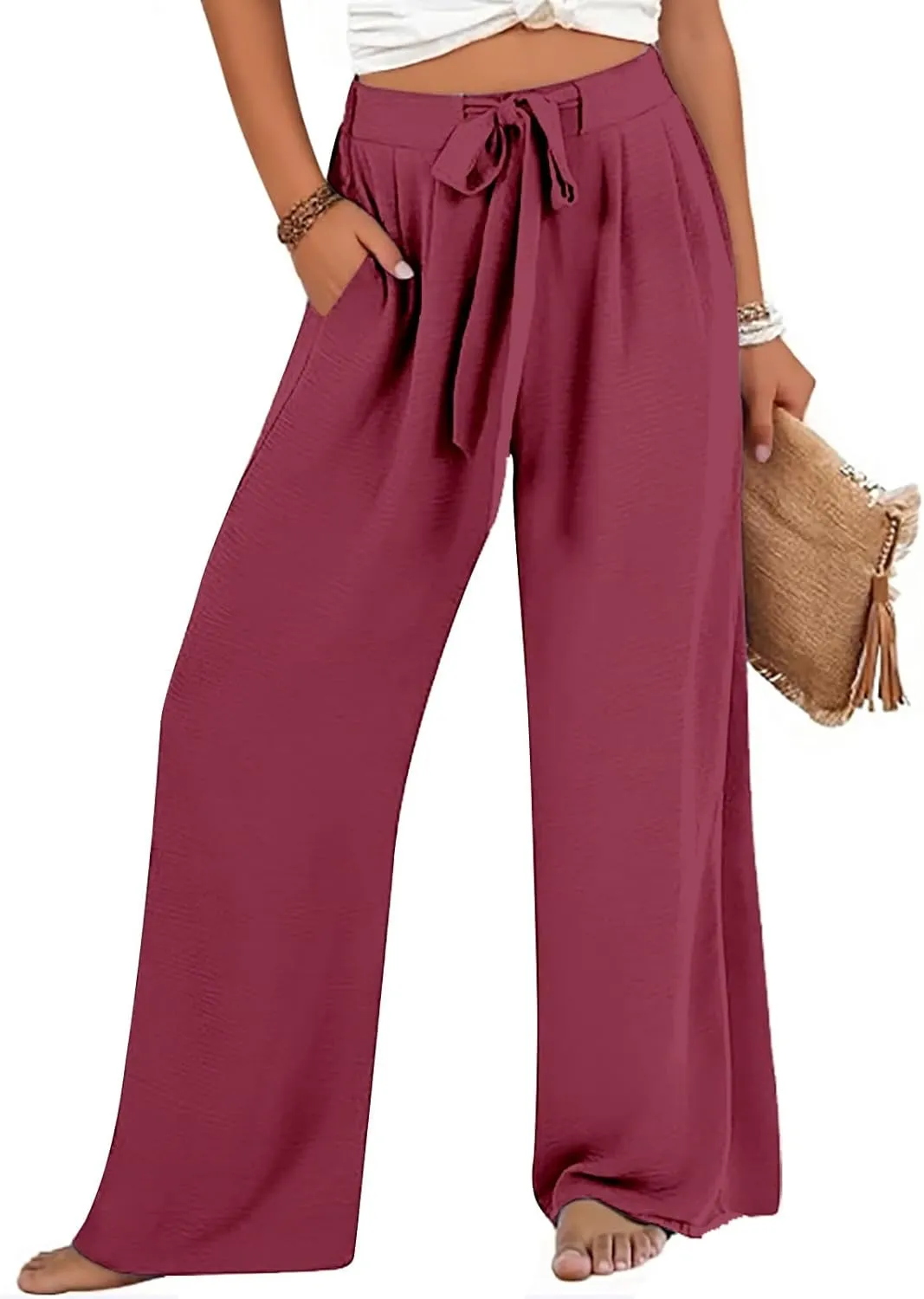 FZVYD Wide Leg Pants for Woman Linen Palazzo High Waisted Drawstring 2025 Summer Casual Business Beach Vacation Pant Trousers