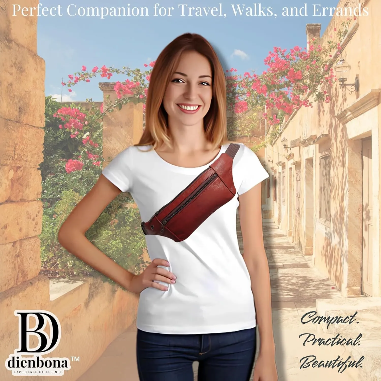 Genuine Leather Slim Sling Waist Bag, Crossbody Travel Pouch with Adjustable Strap and key Ring (Chestnut Brown)