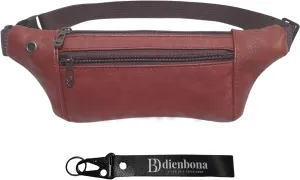 Genuine Leather Slim Sling Waist Bag, Crossbody Travel Pouch with Adjustable Strap and key Ring (Chestnut Brown)