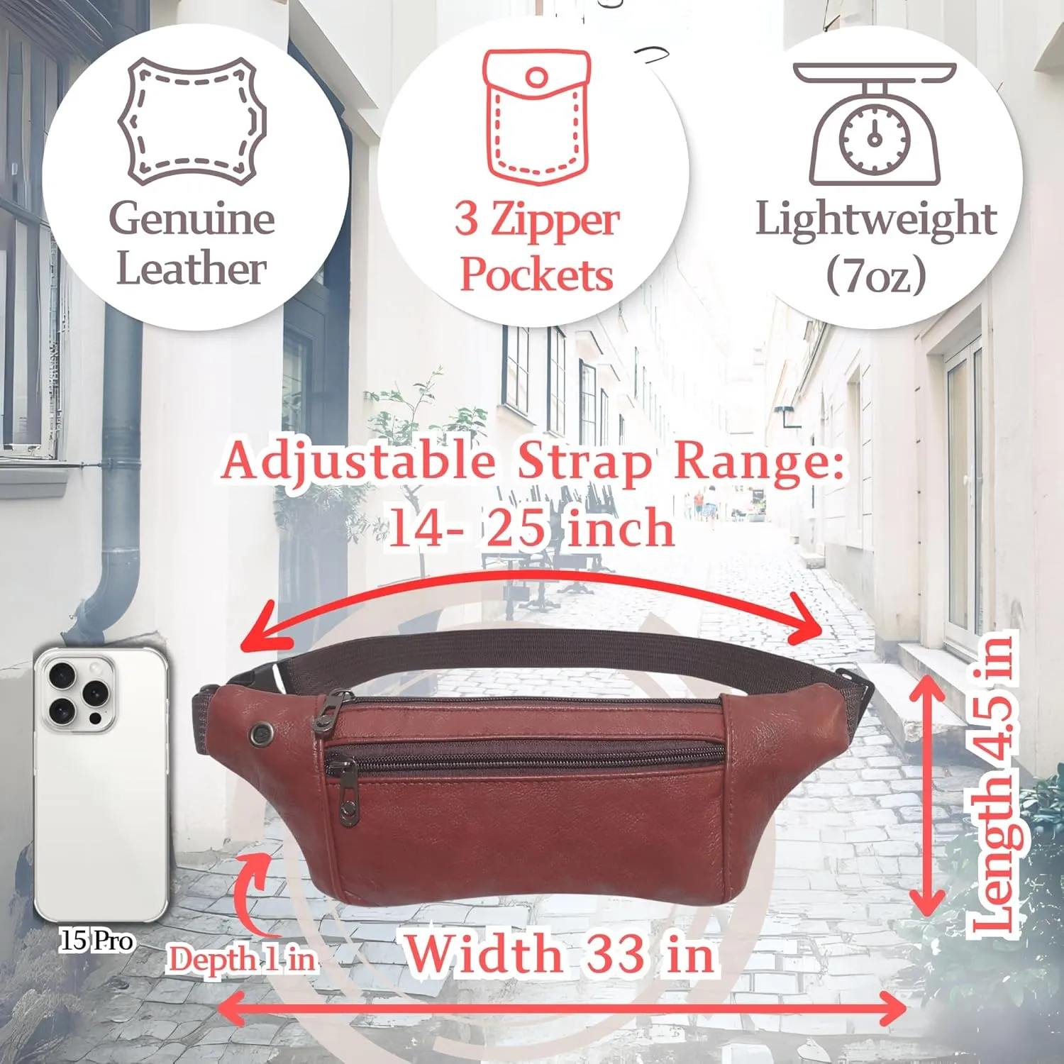 Genuine Leather Slim Sling Waist Bag, Crossbody Travel Pouch with Adjustable Strap and key Ring (Chestnut Brown)