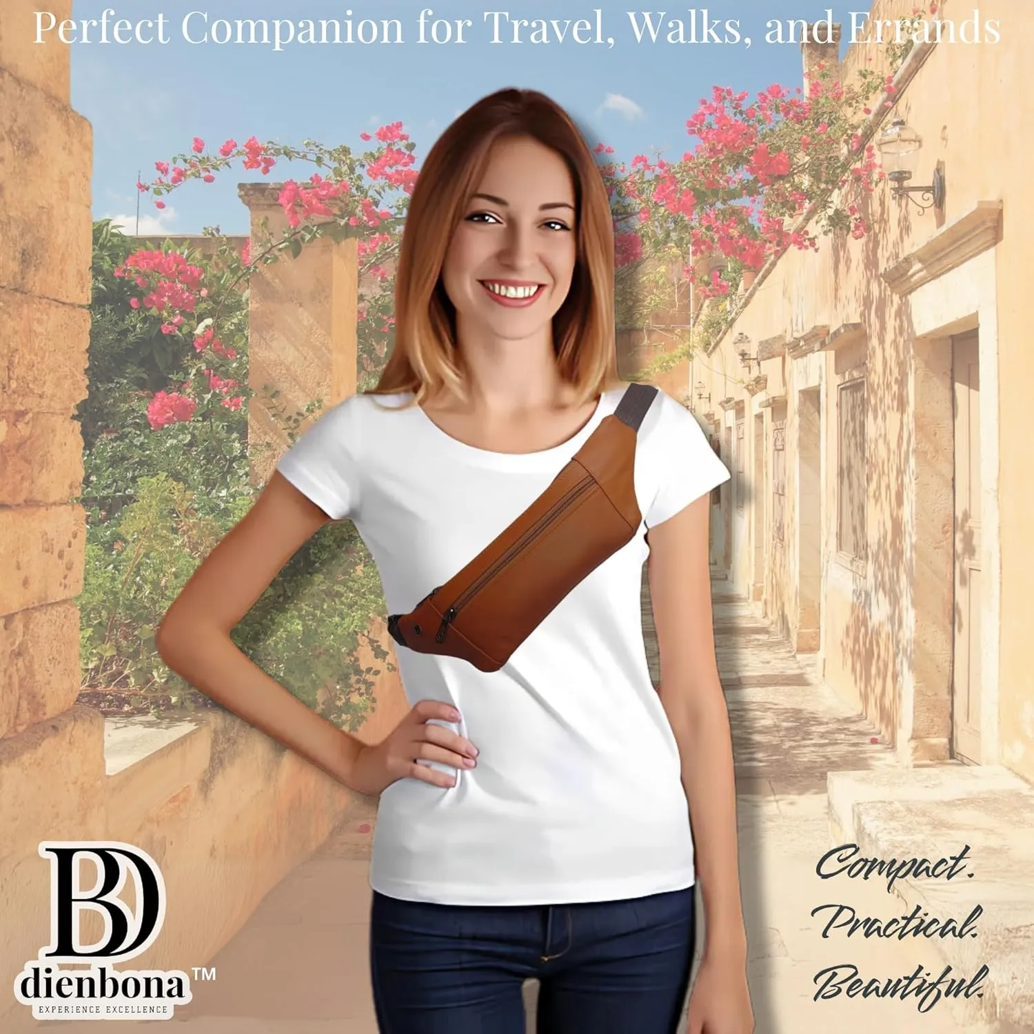 Genuine Leather Slim Sling Waist Bag, Crossbody Travel Pouch with Adjustable Strap and key Ring (Tan)