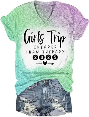 Girls Trip Cheaper Than Therapy Tshirt Women Funny Letter Print Short Sleeve V Neck T Shirt Summer Vacation Tees