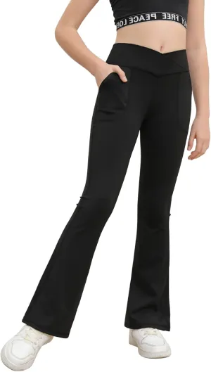 Girls Yoga Pants V Cross Waist Wide Leg Workout Flare Pants High Waist Bootcut Pants