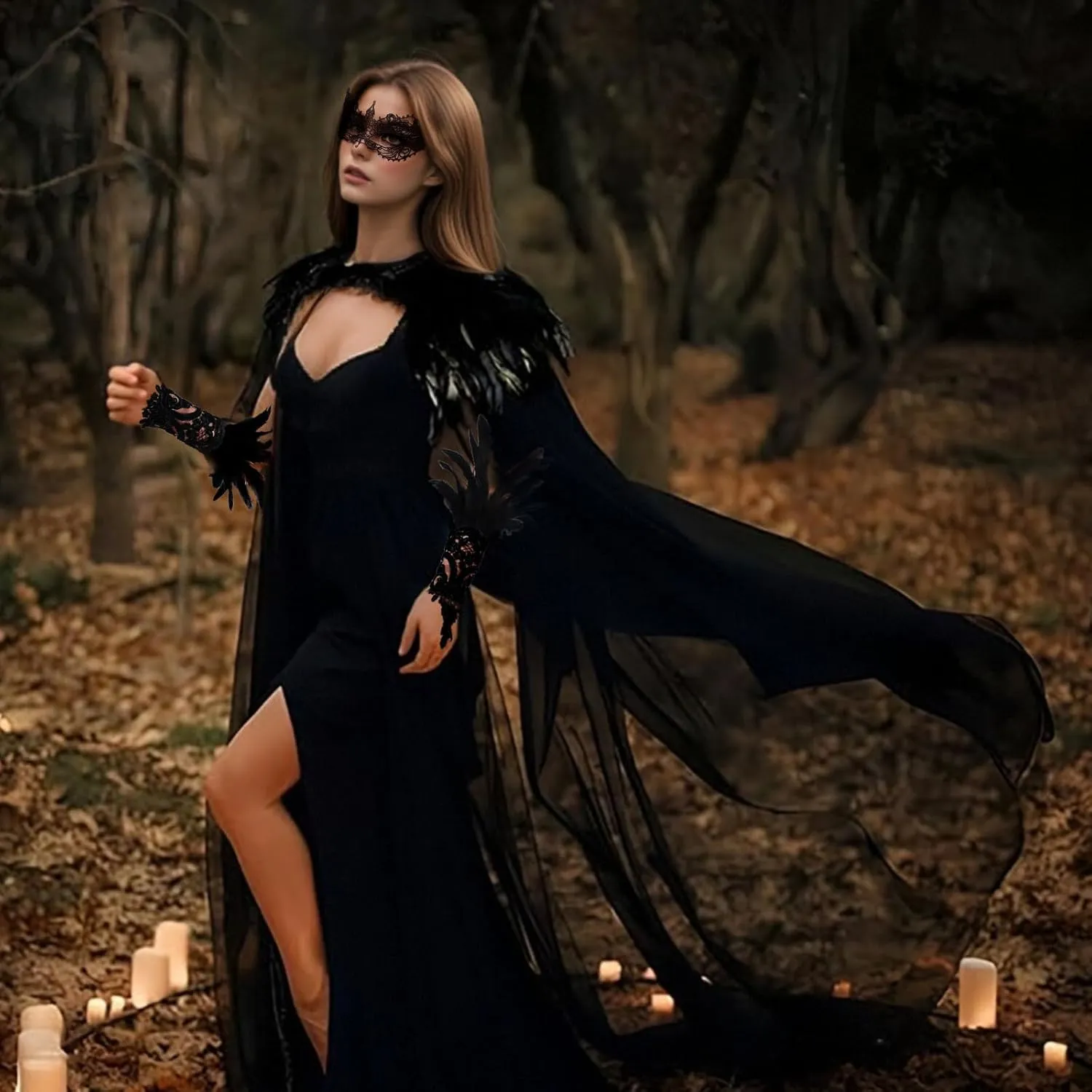 Gothic Feather Cape Black Tulle Cape Sheer Cloak Crow Feather Shawl Halloween Masquerade Venetian Carnival Costume