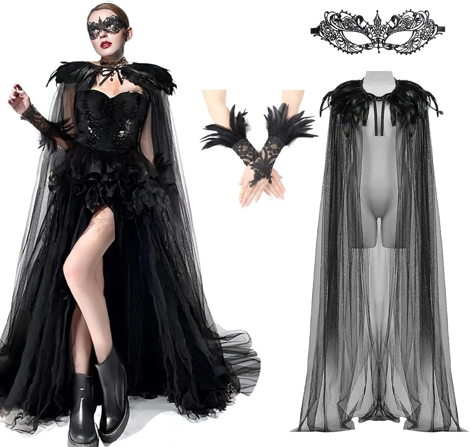 Gothic Feather Cape Black Tulle Cape Sheer Cloak Crow Feather Shawl Halloween Masquerade Venetian Carnival Costume