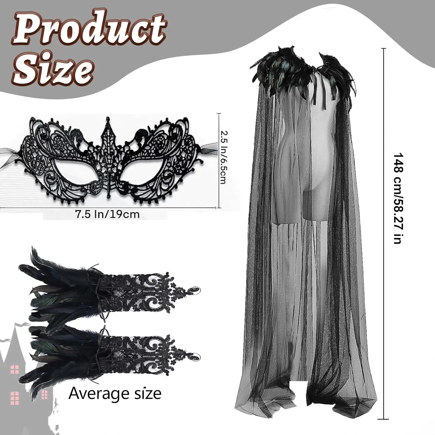 Gothic Feather Cape Black Tulle Cape Sheer Cloak Crow Feather Shawl Halloween Masquerade Venetian Carnival Costume