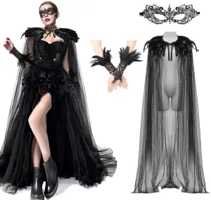 Gothic Feather Cape Black Tulle Cape Sheer Cloak Crow Feather Shawl Halloween Masquerade Venetian Carnival Costume