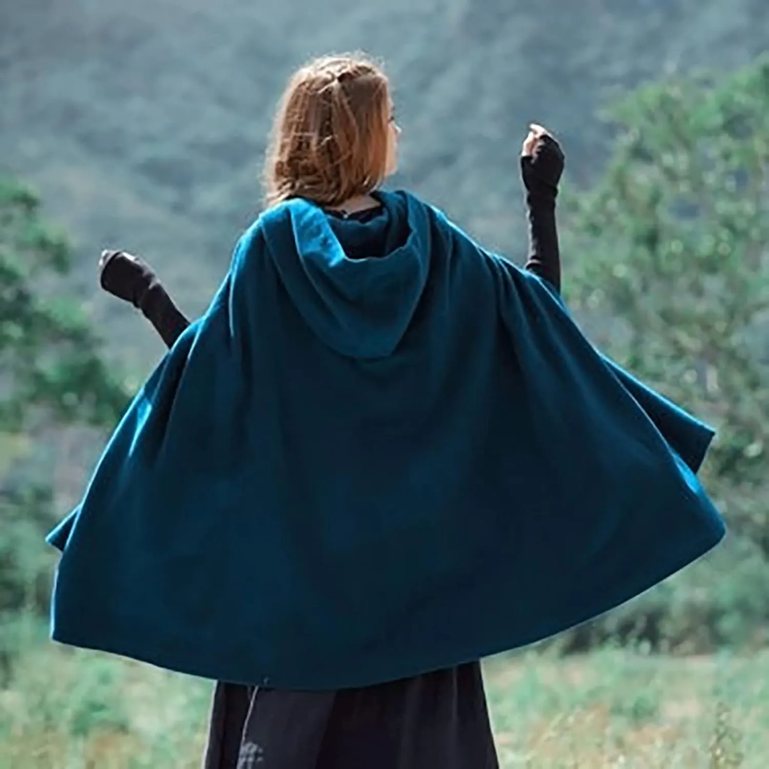 Gothic Hooded Cloak for Women Halloween Solid Open Front Pea Coat Cardigan Midi Batwing Poncho Cape Coat