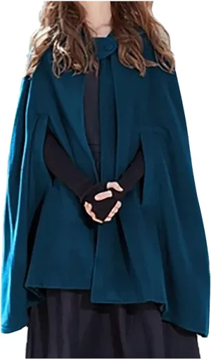Gothic Hooded Cloak for Women Halloween Solid Open Front Pea Coat Cardigan Midi Batwing Poncho Cape Coat