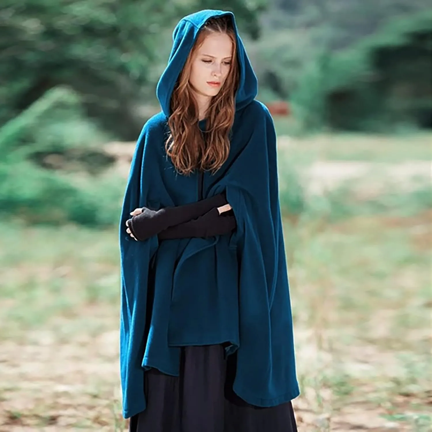 Gothic Hooded Cloak for Women Halloween Solid Open Front Pea Coat Cardigan Midi Batwing Poncho Cape Coat