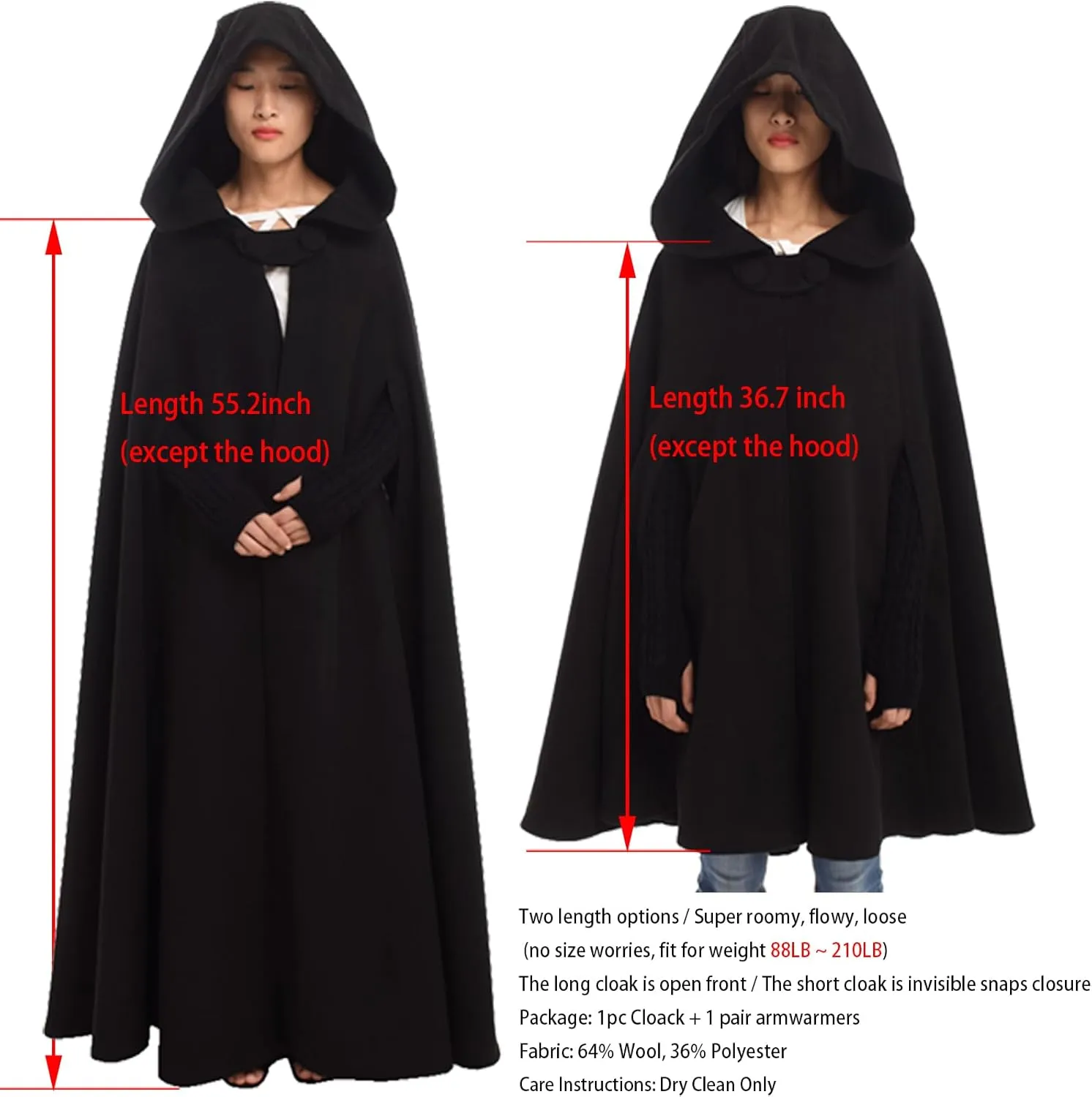 GRACEART Women's Hood Woolen Cape Bridal Wedding Winter Cloak Plus Size Thick Coat