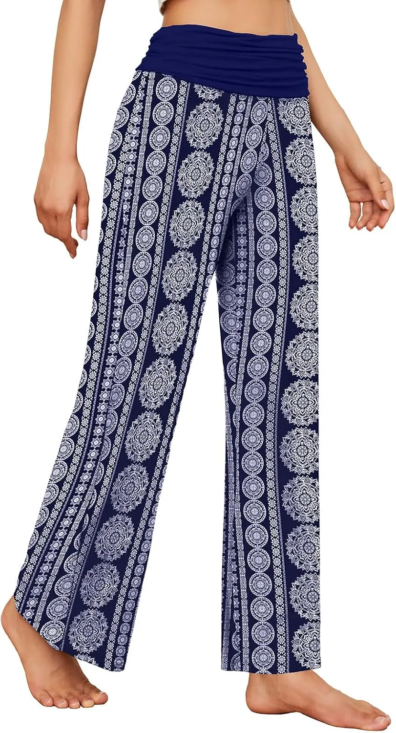 Gracyoga Women's Comfy Pajama Pants Wide Leg Lounge Palazzo Yoga Pants Stretch Casual Floral Print Fold Waist Pants
