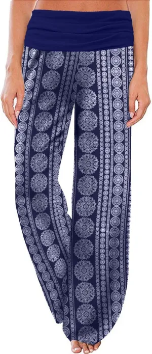 Gracyoga Women's Comfy Pajama Pants Wide Leg Lounge Palazzo Yoga Pants Stretch Casual Floral Print Fold Waist Pants