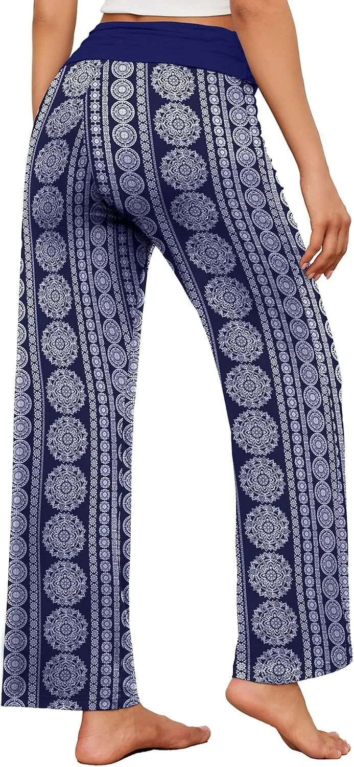 Gracyoga Women's Comfy Pajama Pants Wide Leg Lounge Palazzo Yoga Pants Stretch Casual Floral Print Fold Waist Pants