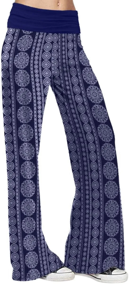 Gracyoga Women's Comfy Pajama Pants Wide Leg Lounge Palazzo Yoga Pants Stretch Casual Floral Print Fold Waist Pants