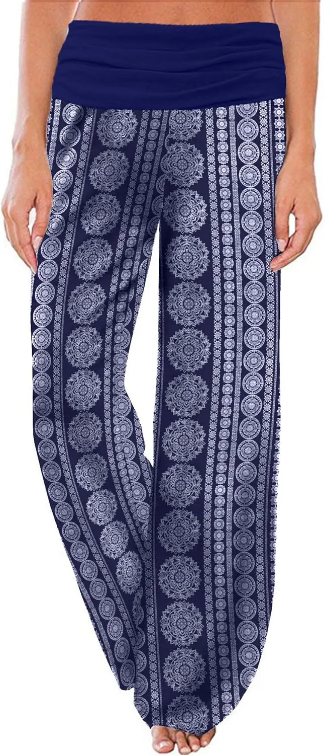 Gracyoga Women's Comfy Pajama Pants Wide Leg Lounge Palazzo Yoga Pants Stretch Casual Floral Print Fold Waist Pants