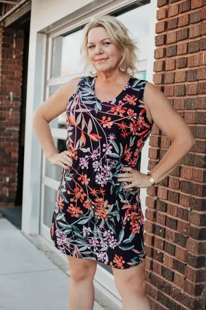 Green and Orange Foliage Print Gathered Waist Dress