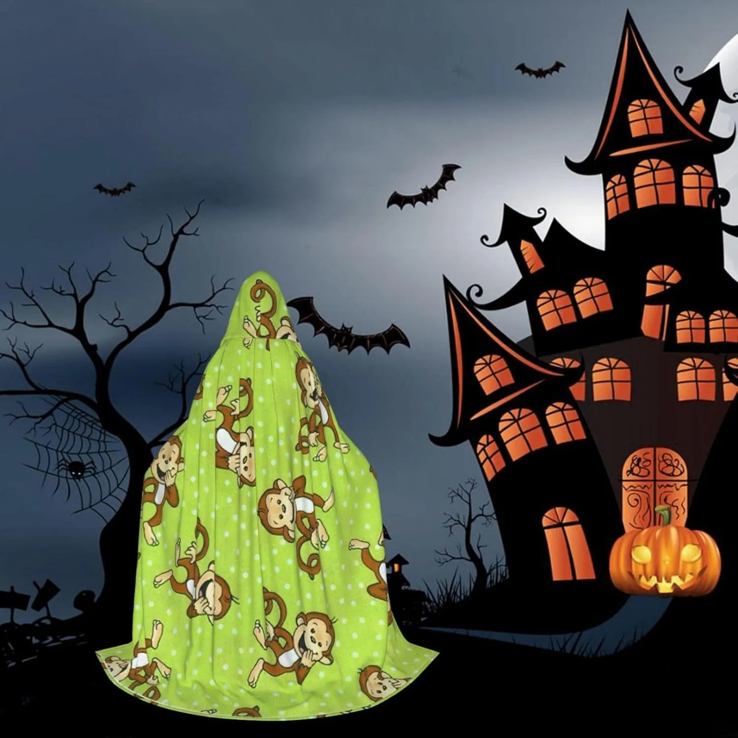 Green Smart Monkey Print Halloween Hooded Cape Cosplay Cape & Witch Cloak - Unisex Halloween Hooded Cloak