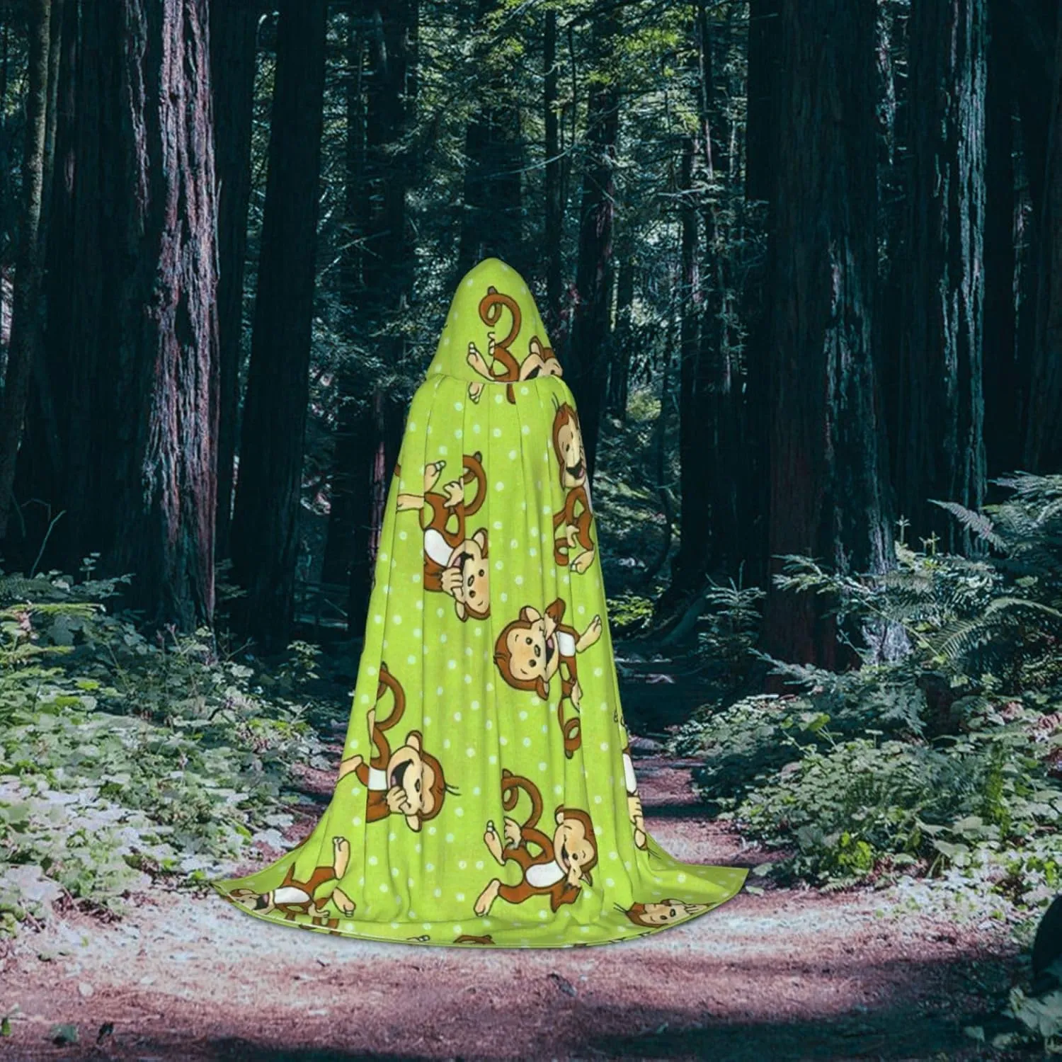 Green Smart Monkey Print Halloween Hooded Cape Cosplay Cape & Witch Cloak - Unisex Halloween Hooded Cloak