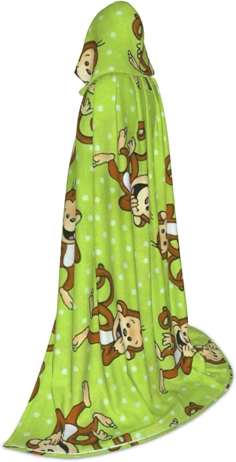 Green Smart Monkey Print Halloween Hooded Cape Cosplay Cape & Witch Cloak - Unisex Halloween Hooded Cloak